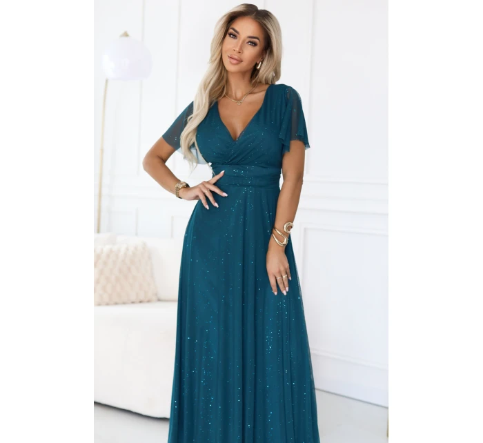 dlouhé třpytivé šaty s výstřihem a krátkými rukávy lahvově zelené model 21412840 - numoco basic