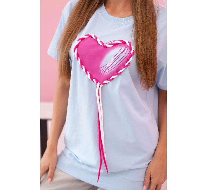 Dámske bavlnené tričko nadrozmernej veľkosti so srdcom a strapcami modré