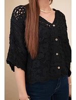 Dámsky bavlnený sveter azura s krátkymi rukávmi a zapínaním na gombíky čierny