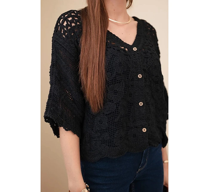 Dámsky bavlnený sveter azura s krátkymi rukávmi a zapínaním na gombíky čierny