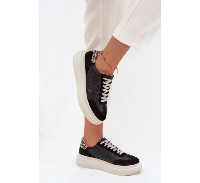 Skórzane Sneakersy Damskie Na Platformie Panterka Zazoo N1263 Czarne