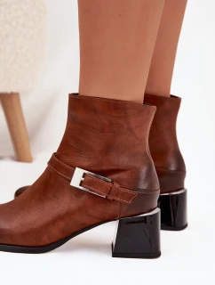 Dámske čižmy Zazoo - kožené, na podpätku s prackou, hnedé