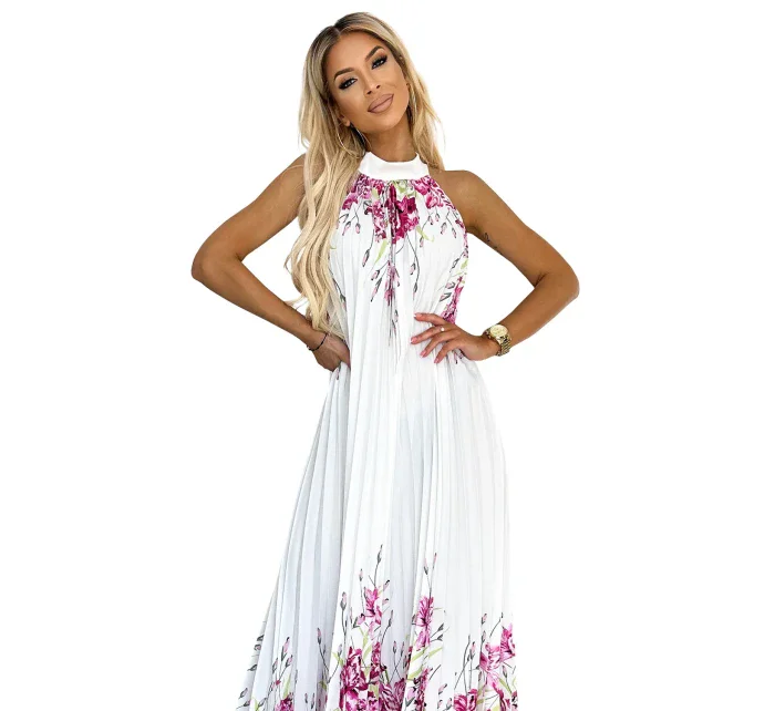 Bílé dámské plisované saténové maxi šaty se vzorem květů model 21883672 - numoco basic