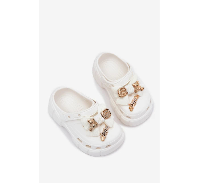 Klapki Dziecięce Dziewczęce Piankowe Z Kokardką I Ozdobami Białe Selvana