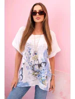 Dámske bavlnené tričko s motýľmi a kvetmi biele