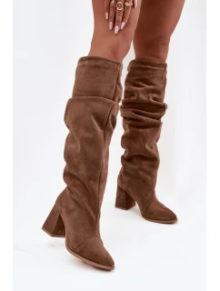 Dámske zateplené čižmy na podpätku Zazoo - svetlohnedé, pravý semiš