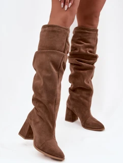 Dámske zateplené čižmy na podpätku Zazoo - svetlohnedé, pravý semiš