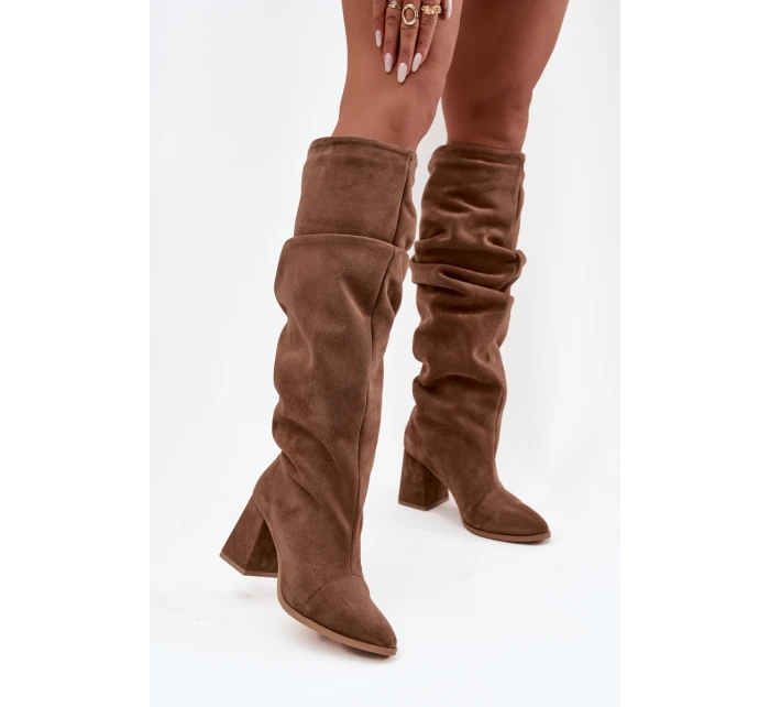 Dámske zateplené čižmy na podpätku Zazoo - svetlohnedé, pravý semiš