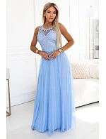 672-1 Romantické svadobné maxi šaty s vyšívanou čipkou a tylom - modré 672-1 Romantické svadobné maxi šaty s vyšívanou čipkou a tylom - modré