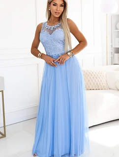 672-1 Romantické svadobné maxi šaty s vyšívanou čipkou a tylom - modré