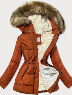 Oranžovo/hnedá dámska zimná bunda parka s machovitým kožúškom (W560)