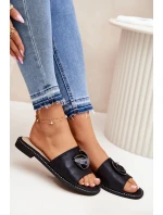 Klapki Damskie Na Płaskim Obcasie Z Ozdobnym Detalem KV51-007 Czarne