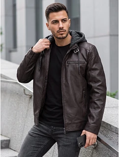 Pánska kožená zateplená bunda s kapucňou, hnedá, FashionStreet TX5148