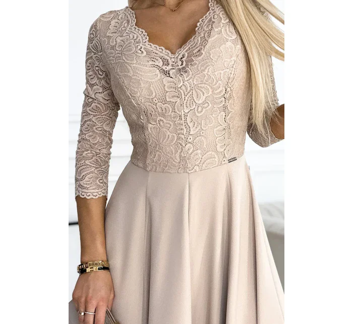 309-10 AMBER čipkované elegantné dlhé šaty s výstrihom a rozparkom na nohách - BEACH