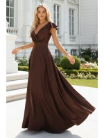 411-15 CRYSTAL saténové dlhé šaty s výstrihom - čokoládové