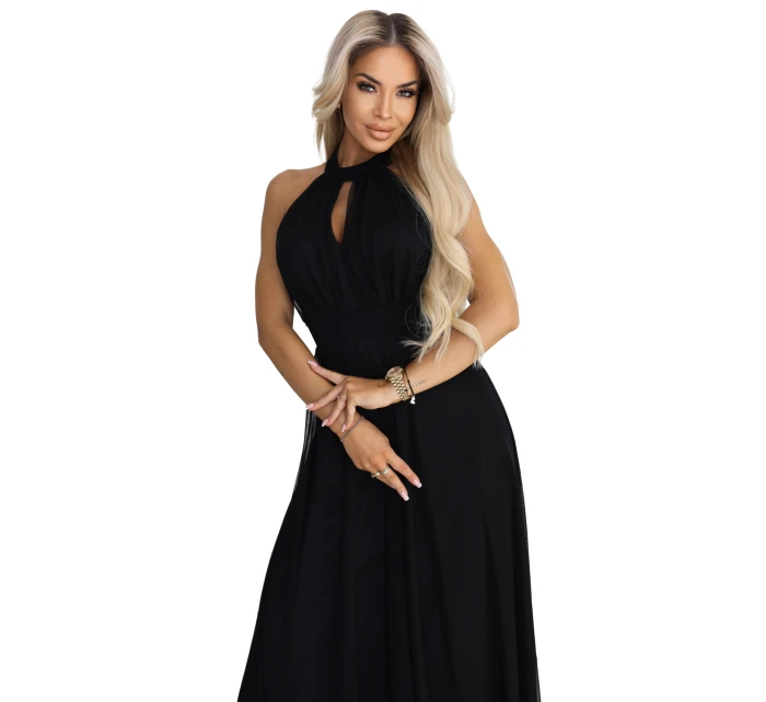 Elegantní maxi večerní šaty na ramínka s a zavazováním v pase černé model 21961746 - numoco basic