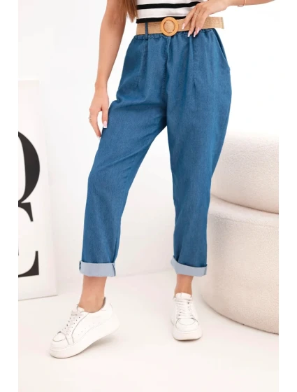 Dámske nohavice s ohrnutou nohavicou a opaskom tmavý denim Dámske nohavice s ohrnutou nohavicou a opaskom tmavý denim