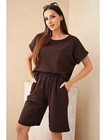Dámska bavlnená súprava blúzky s krátkym rukávom a šortiek s elastickým pásom hnedej farby