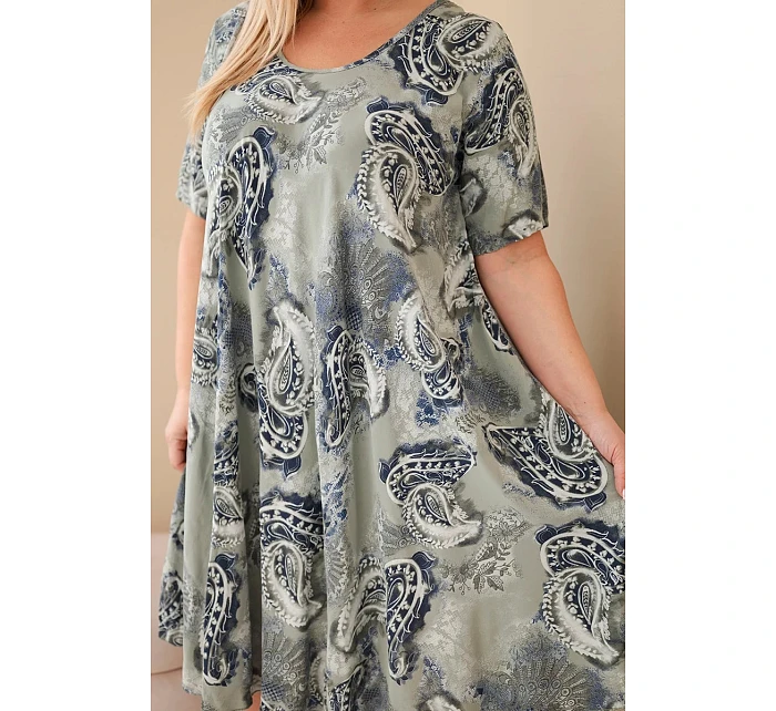 Dámske šaty z viskózy v nadmernej veľkosti s krátkymi rukávmi a stojačikovým strihom v khaki farbe