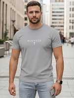 BLESSED sivé pánske bavlnené tričko s potlačou FashionStreet NX5124R