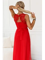 672-5 Romantické svatební maxi šaty s vyšívanou krajkou a tylem - červené
