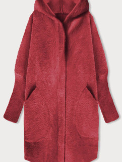 Dlhý vlnený prehoz cez oblečenie typu alpaka v malinovej farbe s kapucňou (908)
