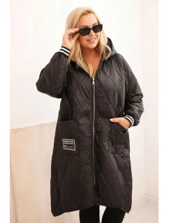 Dámska prešívaná bunda s kapucňou a športovými manžetami Plus Size Black
