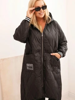 Dámska prešívaná bunda s kapucňou a športovými manžetami Plus Size Black