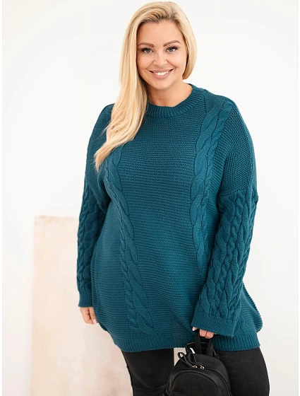 Dámský svetr Plus Size s copánkovým vzorem modrý mořský Dámský svetr Plus Size s copánkovým vzorem modrý mořský
