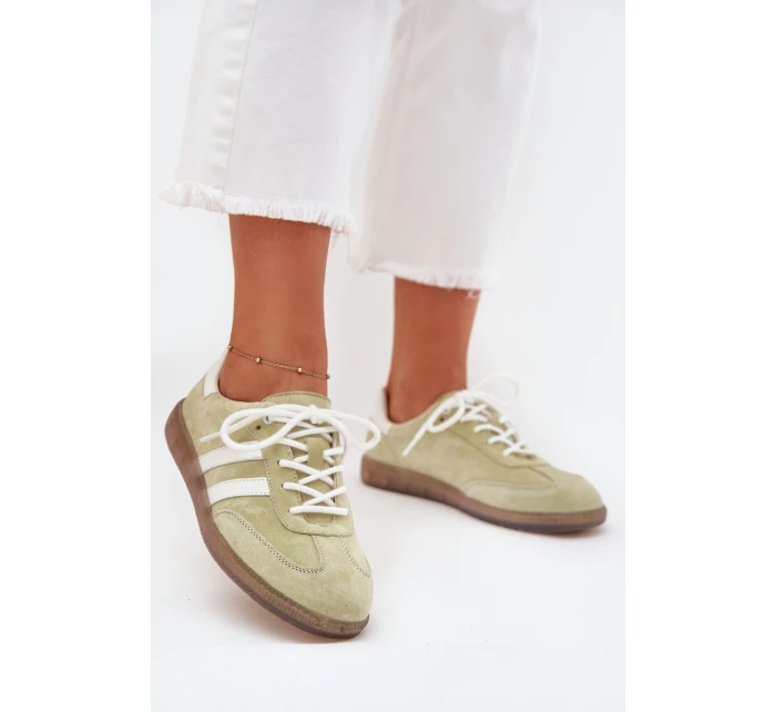 Niskie Skórzane Sneakersy Damskie Limonkowe Ismina