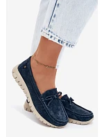 Dámské mokasíny z přírodního semiše s mašlí model 22107539 tmavě modré - VINCEZA Dámské mokasíny z přírodního semiše s mašlí model 22107539 tmavě modré - VINCEZA