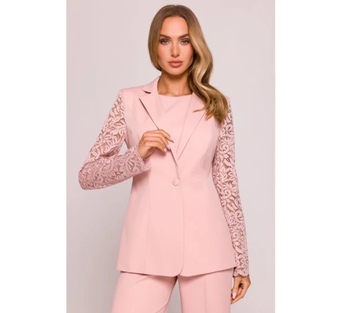 Dámské sako s krajkovými rukávy model 21857561 Pudr růžová - Moe
