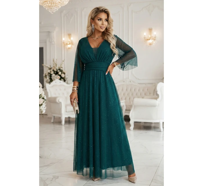 654-1 Dlhé lesklé plus size šaty s výstrihom a priehľadnými rukávmi - fľaškovo zelené 654-1 Dlhé lesklé plus size šaty s výstrihom a priehľadnými rukávmi - fľaškovo zelené