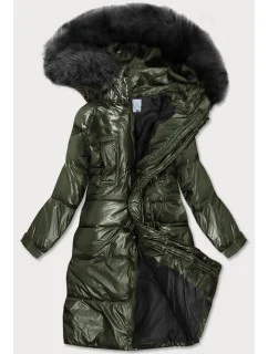 Dámska zimná metalická bunda v khaki farbe s kapucňou (8295)