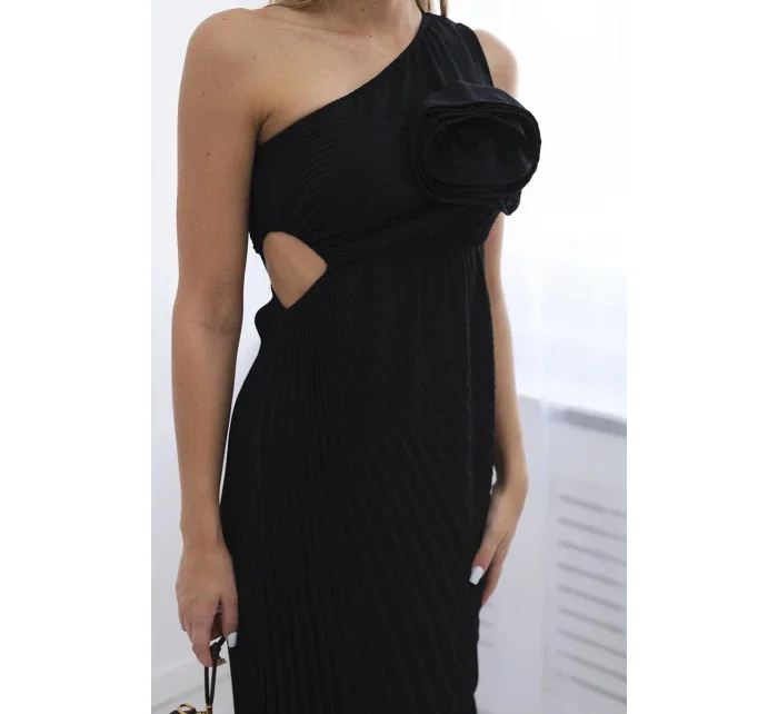 Plisované šaty s květinou černý Plisované šaty s květinou černý