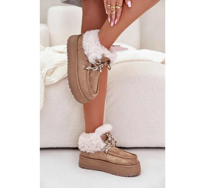 Niskie Śniegowce Damskie Na Platformie Z Futerkiem Ciemnobeżowe Neathren Niskie Śniegowce Damskie Na Platformie Z Futerkiem Ciemnobeżowe Neathren
