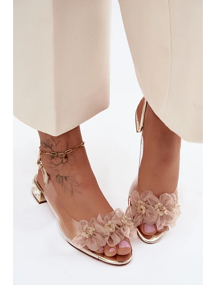 Průhledné sandály s krystaly a síťkovými květinami D&A MR61-9006 Zlaté