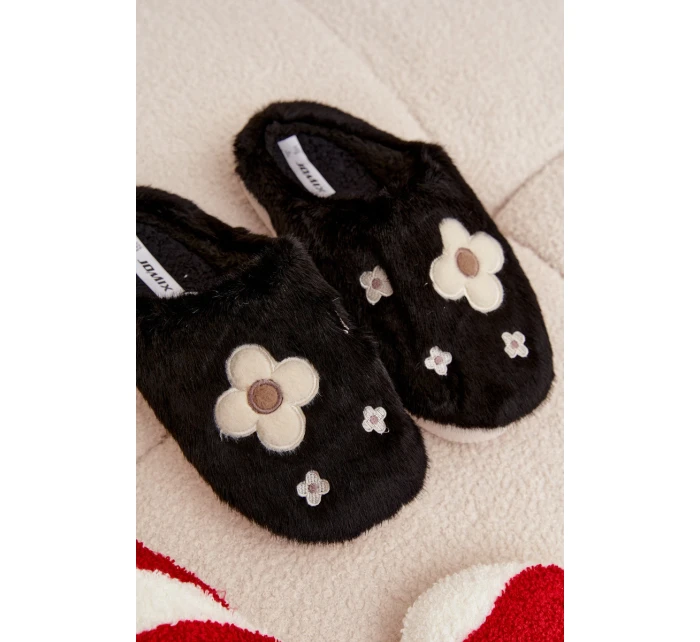 Dámske papuče s kožušinou a kvetmi - čierne Selinne Dámske papuče s kožušinou a kvetmi - čierne Selinne