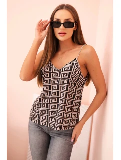 Dámsky top na ramienka s reťazou a geometrickým vzorom camel + black