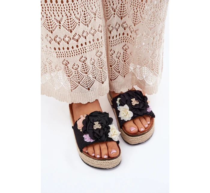 Klapki Damskie Z Kwiatami Platforma Z Plecionką Czarne Zenvanis Klapki Damskie Z Kwiatami Platforma Z Plecionką Czarne Zenvanis