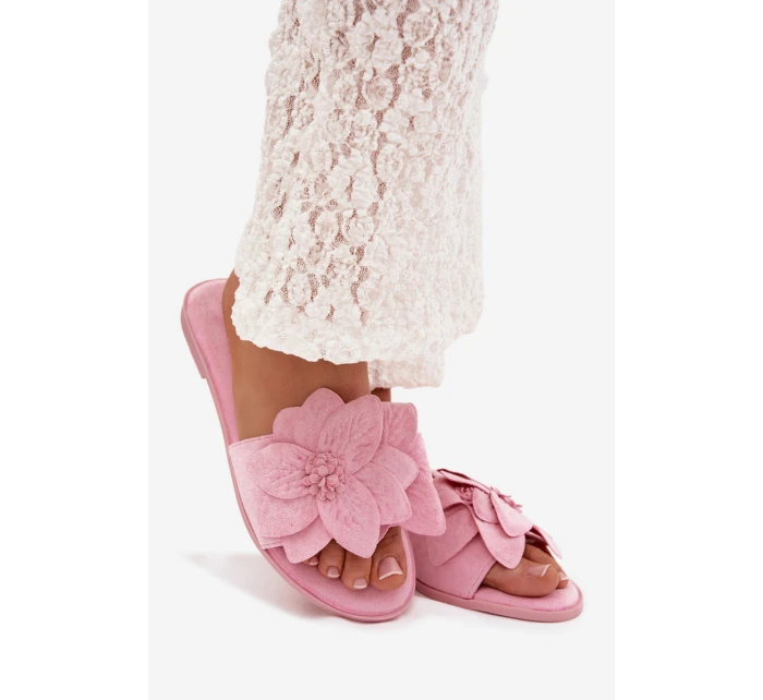 Dámské ploché pantofle s ozdobnými květinami Růžové Elzoria