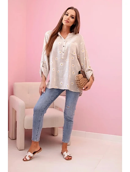 model 21911576 dámská halenka s květinovým vzorem, dlouhými rukávy a knoflíky béžová + bílá - K-Fashion model 21911576 dámská halenka s květinovým vzorem, dlouhými rukávy a knoflíky béžová + bílá - K-Fashion