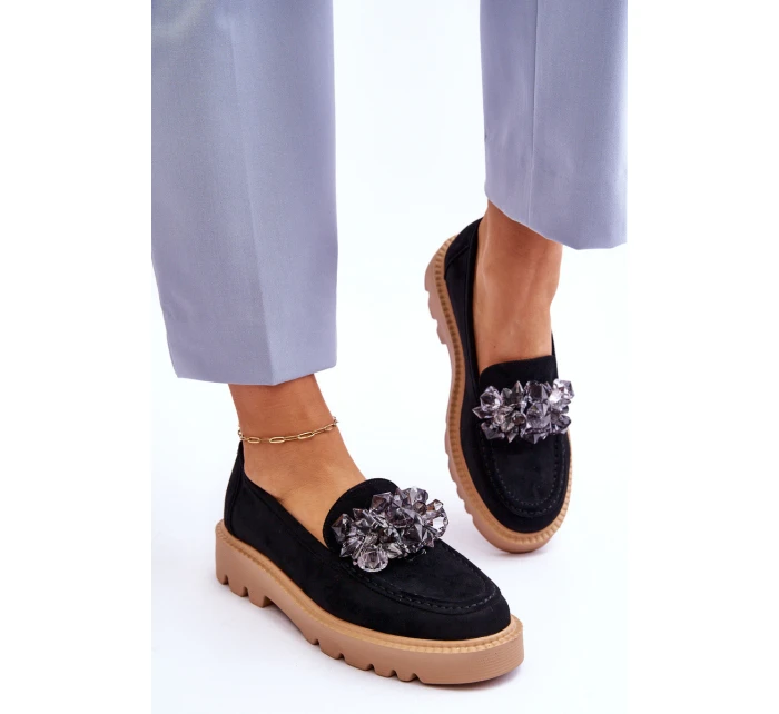 Módní semišové mokasíny s krystaly Černé model 21615397 - VINCEZA