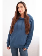 Dámska mikina s kapucňou a klokaním vreckom bavlnená džínsová modrá