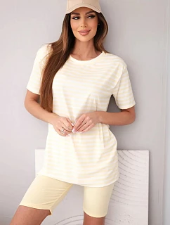 Dámsky viskózový pruhovaný set s krátkym rukávom a šortkami žltý
