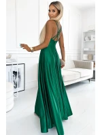 513-1 Elegantné dlhé saténové šaty LUNA s výstrihom a prekríženými ramienkami - BOTTLE GREEN 513-1 Elegantné dlhé saténové šaty LUNA s výstrihom a prekríženými ramienkami - BOTTLE GREEN