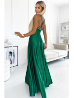 LUNA - Elegantné dlhé dámske saténové šaty vo fľaškovo zelenej farbe s výstrihom a prekríženými ramienkami 513-1