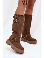 Kožené semišové dámské kozačky s přezkami zateplené Big Star model 21758942 béžové - Big Star Shoes