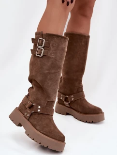 Kožené semišové dámské kozačky s přezkami zateplené Big Star model 21758942 béžové - Big Star Shoes