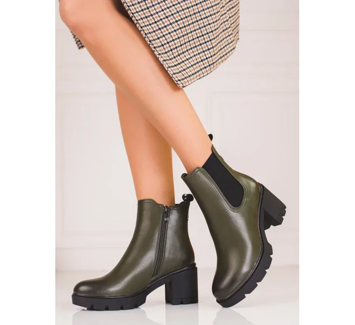 Pekné členkové topánky pre ženy zelené na širokom podpätku Pekné členkové topánky pre ženy zelené na širokom podpätku